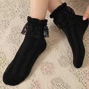 Black Ruffle Lace Top Women's Mid-Calf Socks NEW Cable knit pattern